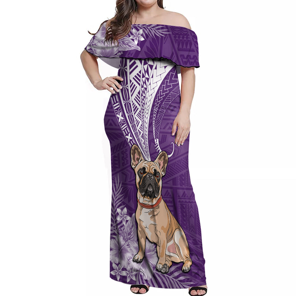 Personalised Polynesian Pacific Bulldog Off Shoulder Maxi Dress With Violet Hawaii Tribal Tattoo Patterns LT7 Women Purple - Polynesian Pride