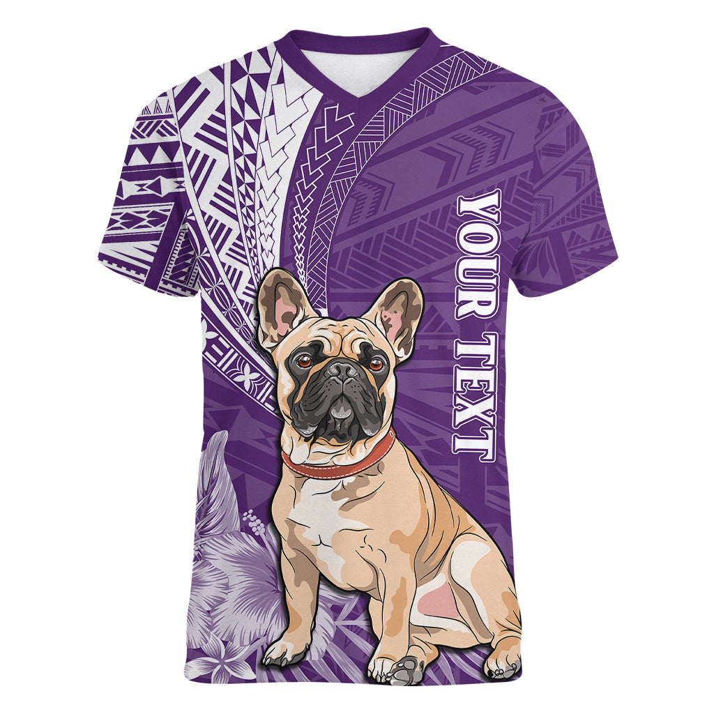 Personalised Polynesian Pacific Bulldog Women V Neck T Shirt With Violet Hawaii Tribal Tattoo Patterns LT7 Female Purple - Polynesian Pride