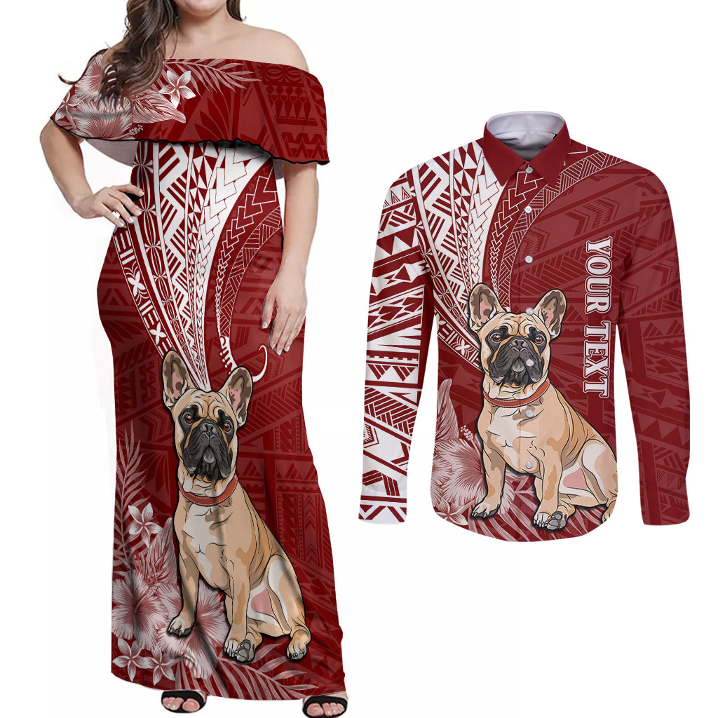 Personalised Polynesian Pacific Bulldog Couples Matching Off Shoulder Maxi Dress and Long Sleeve Button Shirts With Red Hawaii Tribal Tattoo Patterns LT7 Red - Polynesian Pride