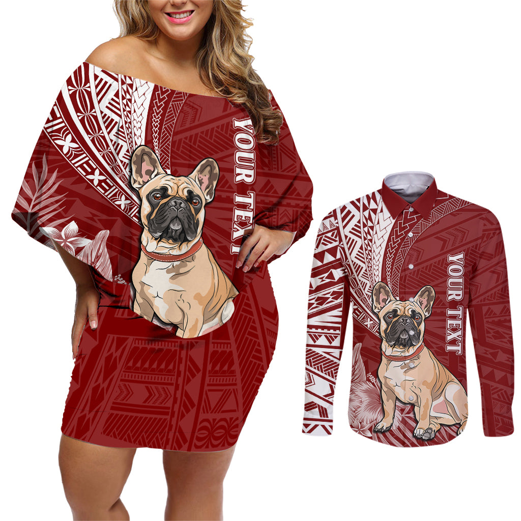 Personalised Polynesian Pacific Bulldog Couples Matching Off Shoulder Short Dress and Long Sleeve Button Shirts With Red Hawaii Tribal Tattoo Patterns LT7 Red - Polynesian Pride