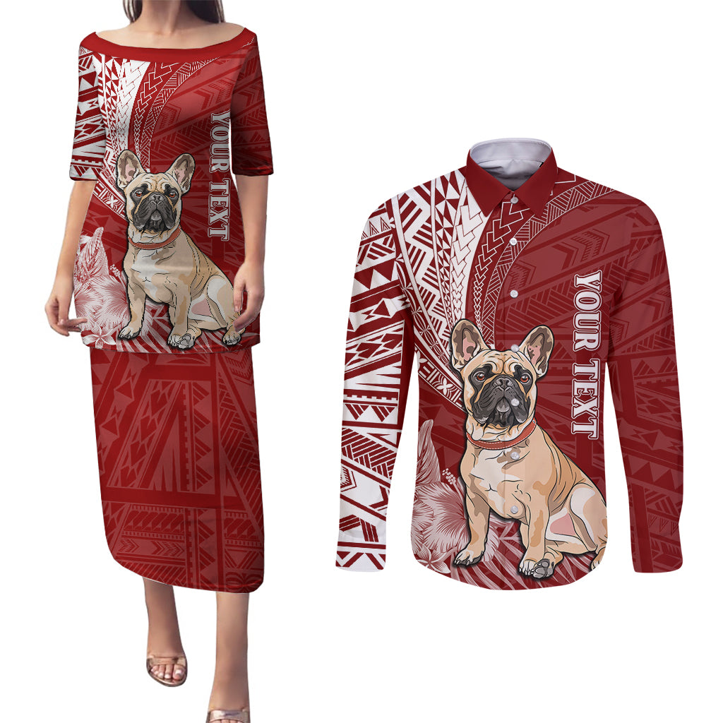 Personalised Polynesian Pacific Bulldog Couples Matching Puletasi Dress and Long Sleeve Button Shirts With Red Hawaii Tribal Tattoo Patterns LT7 Red - Polynesian Pride