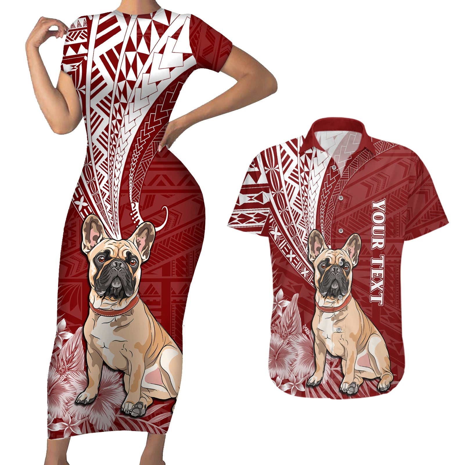 Personalised Polynesian Pacific Bulldog Couples Matching Short Sleeve Bodycon Dress and Hawaiian Shirt With Red Hawaii Tribal Tattoo Patterns LT7 Red - Polynesian Pride