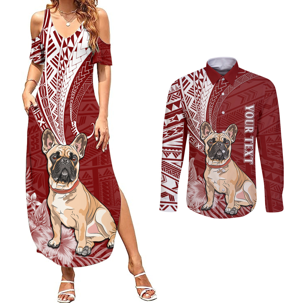 Personalised Polynesian Pacific Bulldog Couples Matching Summer Maxi Dress and Long Sleeve Button Shirts With Red Hawaii Tribal Tattoo Patterns LT7 Red - Polynesian Pride