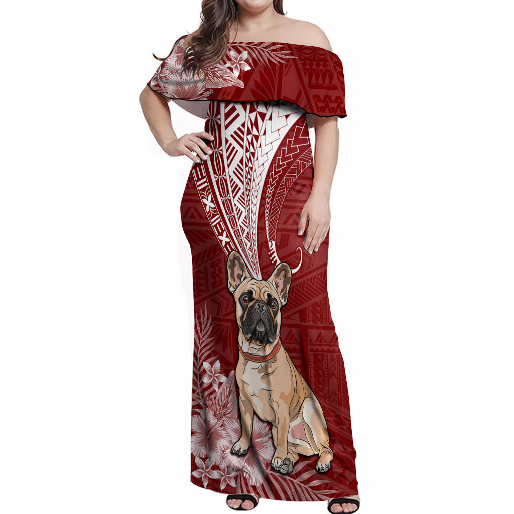 Personalised Polynesian Pacific Bulldog Off Shoulder Maxi Dress With Red Hawaii Tribal Tattoo Patterns LT7 Women Red - Polynesian Pride