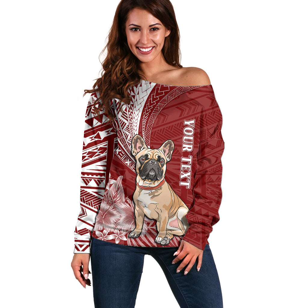 Personalised Polynesian Pacific Bulldog Off Shoulder Sweater With Red Hawaii Tribal Tattoo Patterns LT7 Women Red - Polynesian Pride