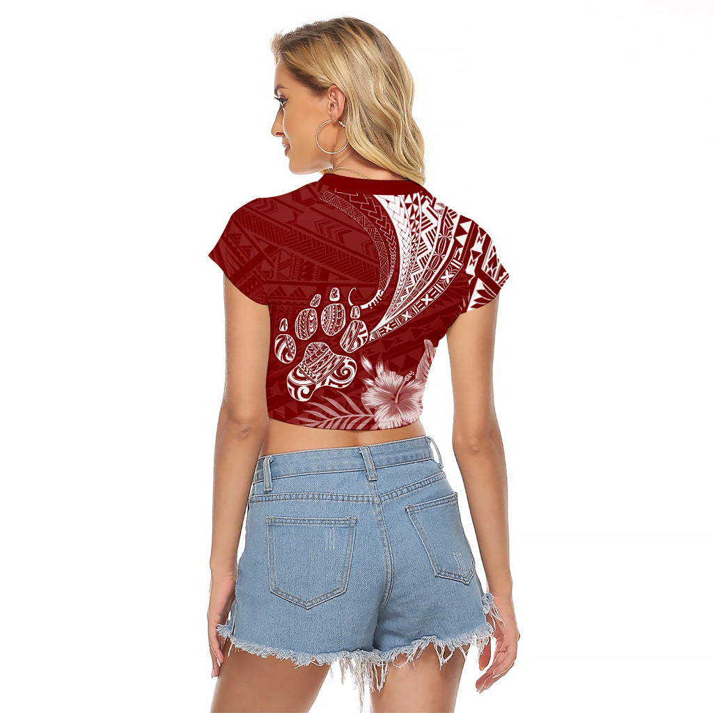 Personalised Polynesian Pacific Bulldog Raglan Cropped T Shirt With Red Hawaii Tribal Tattoo Patterns LT7 - Polynesian Pride