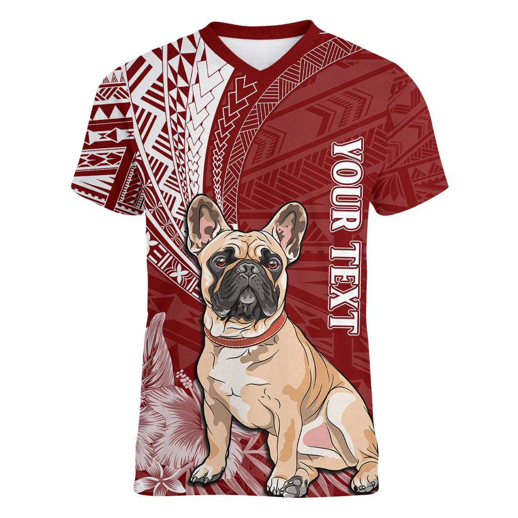 Personalised Polynesian Pacific Bulldog Women V Neck T Shirt With Red Hawaii Tribal Tattoo Patterns LT7 Female Red - Polynesian Pride