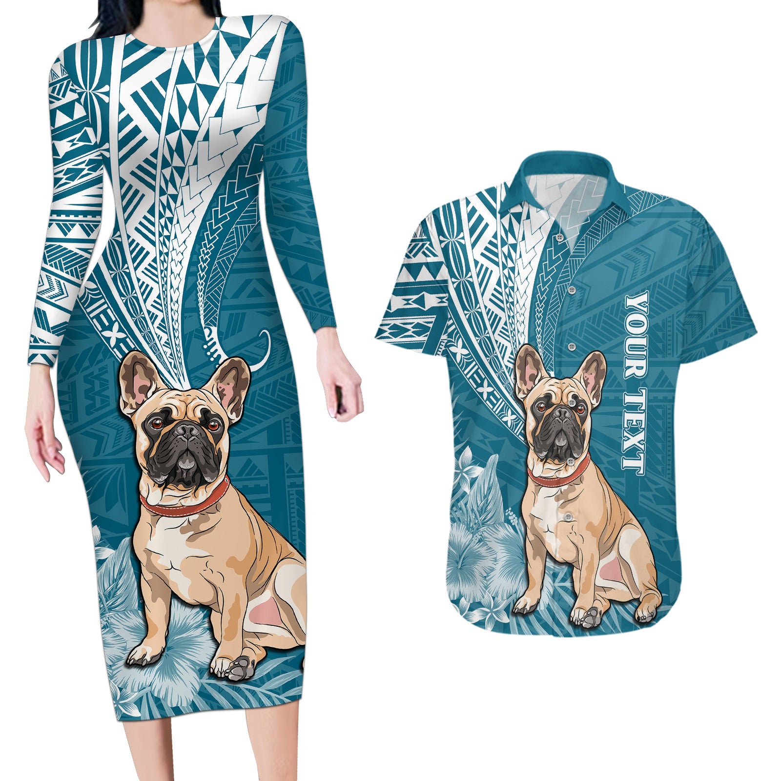 Personalised Polynesian Pacific Bulldog Couples Matching Long Sleeve Bodycon Dress and Hawaiian Shirt With Teal Hawaii Tribal Tattoo Patterns LT7 Teal - Polynesian Pride