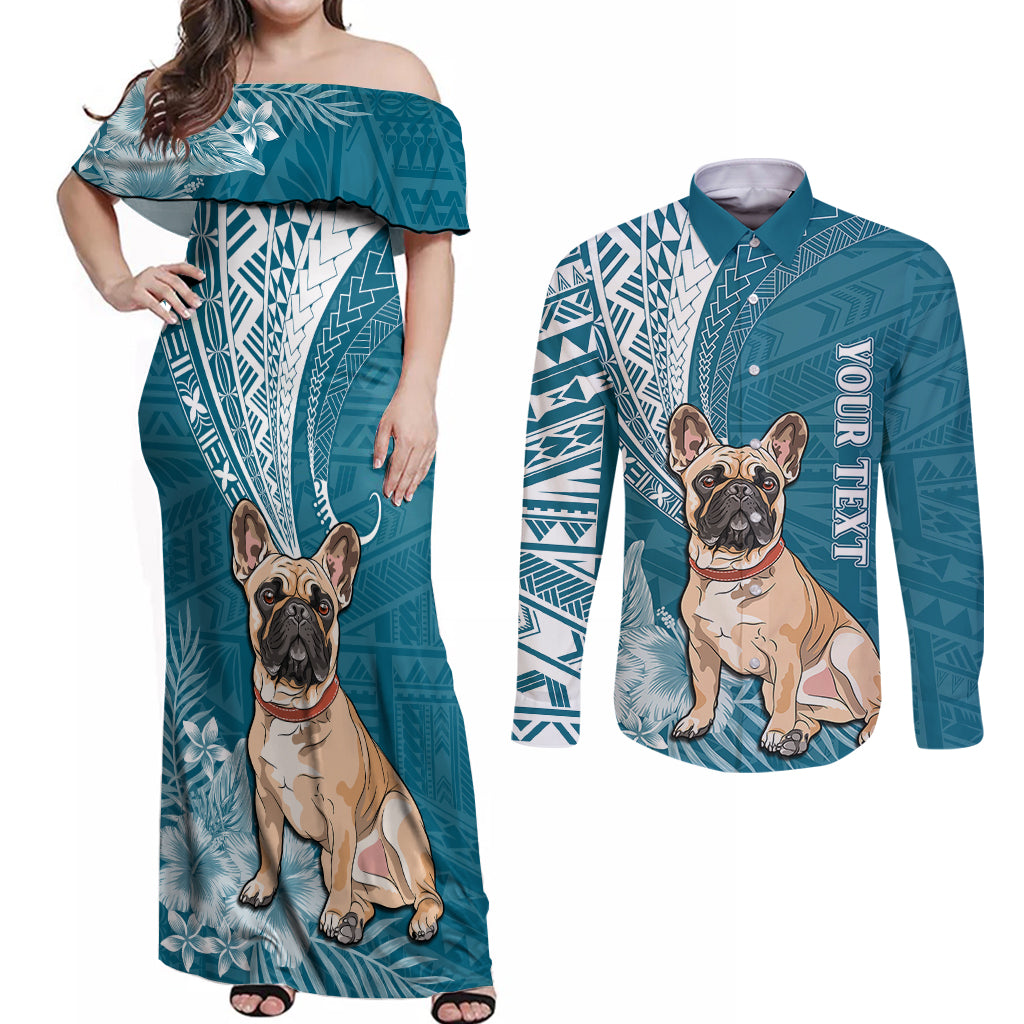 Personalised Polynesian Pacific Bulldog Couples Matching Off Shoulder Maxi Dress and Long Sleeve Button Shirts With Teal Hawaii Tribal Tattoo Patterns LT7 Teal - Polynesian Pride