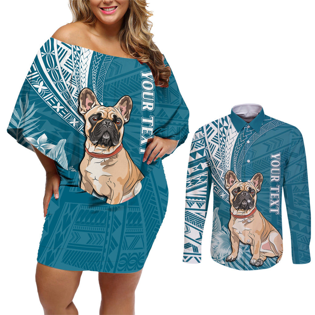 Personalised Polynesian Pacific Bulldog Couples Matching Off Shoulder Short Dress and Long Sleeve Button Shirts With Teal Hawaii Tribal Tattoo Patterns LT7 Teal - Polynesian Pride