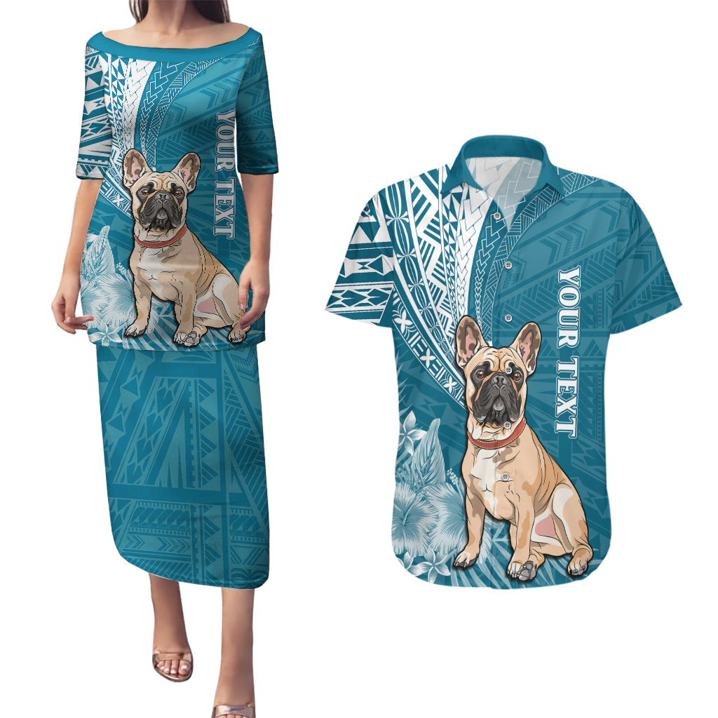 Personalised Polynesian Pacific Bulldog Couples Matching Puletasi Dress and Hawaiian Shirt With Teal Hawaii Tribal Tattoo Patterns LT7 Teal - Polynesian Pride