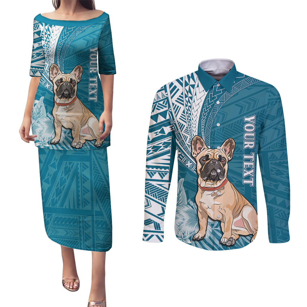 Personalised Polynesian Pacific Bulldog Couples Matching Puletasi Dress and Long Sleeve Button Shirts With Teal Hawaii Tribal Tattoo Patterns LT7 Teal - Polynesian Pride