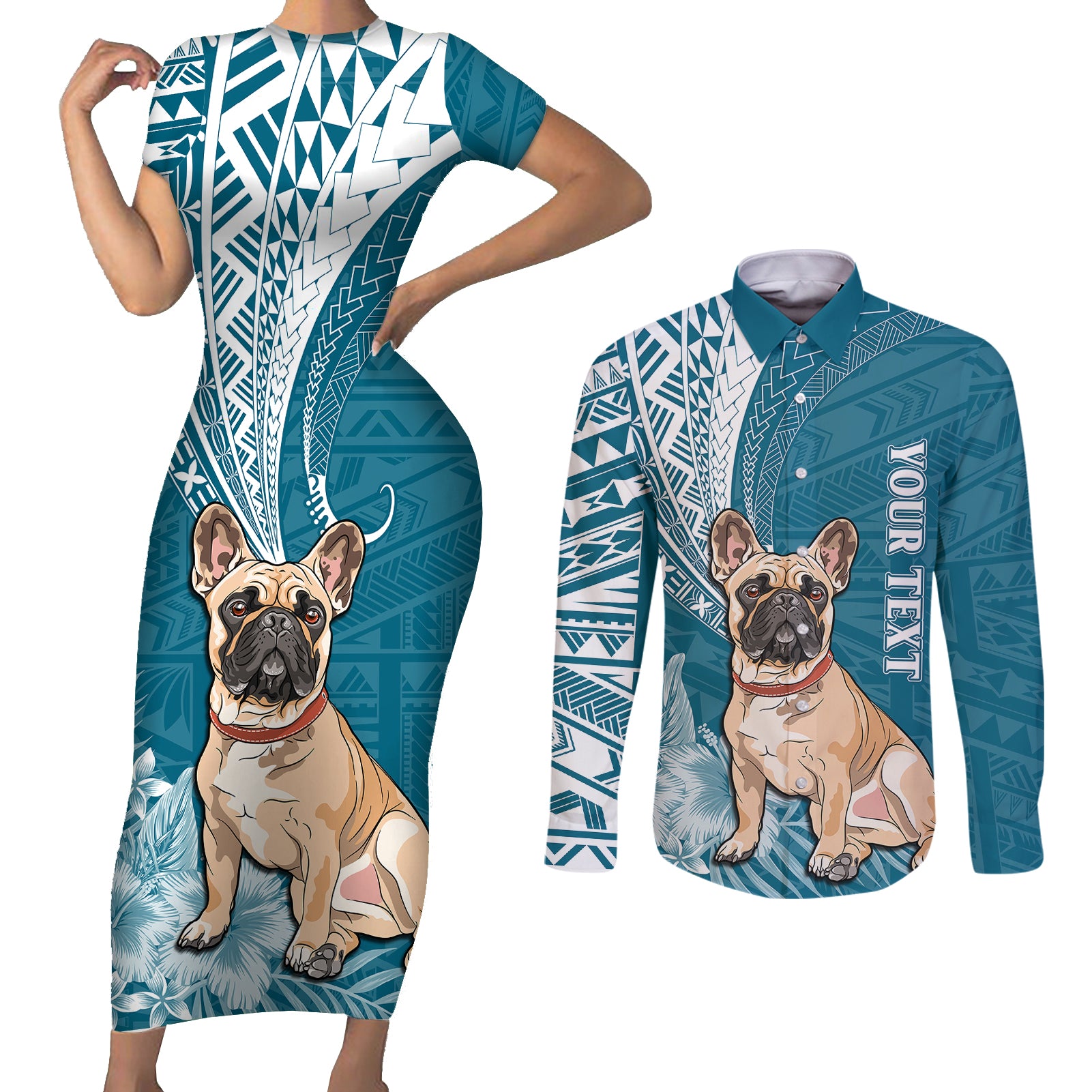 Personalised Polynesian Pacific Bulldog Couples Matching Short Sleeve Bodycon Dress and Long Sleeve Button Shirts With Teal Hawaii Tribal Tattoo Patterns LT7 Teal - Polynesian Pride