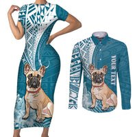 Personalised Polynesian Pacific Bulldog Couples Matching Short Sleeve Bodycon Dress and Long Sleeve Button Shirts With Teal Hawaii Tribal Tattoo Patterns LT7 Teal - Polynesian Pride