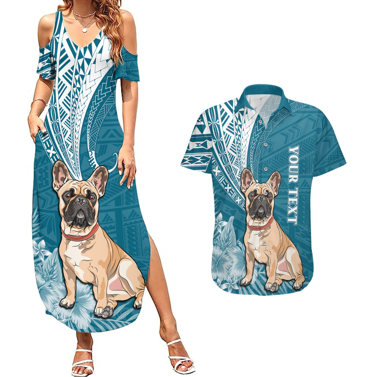 Personalised Polynesian Pacific Bulldog Couples Matching Summer Maxi Dress and Hawaiian Shirt With Teal Hawaii Tribal Tattoo Patterns LT7 Teal - Polynesian Pride