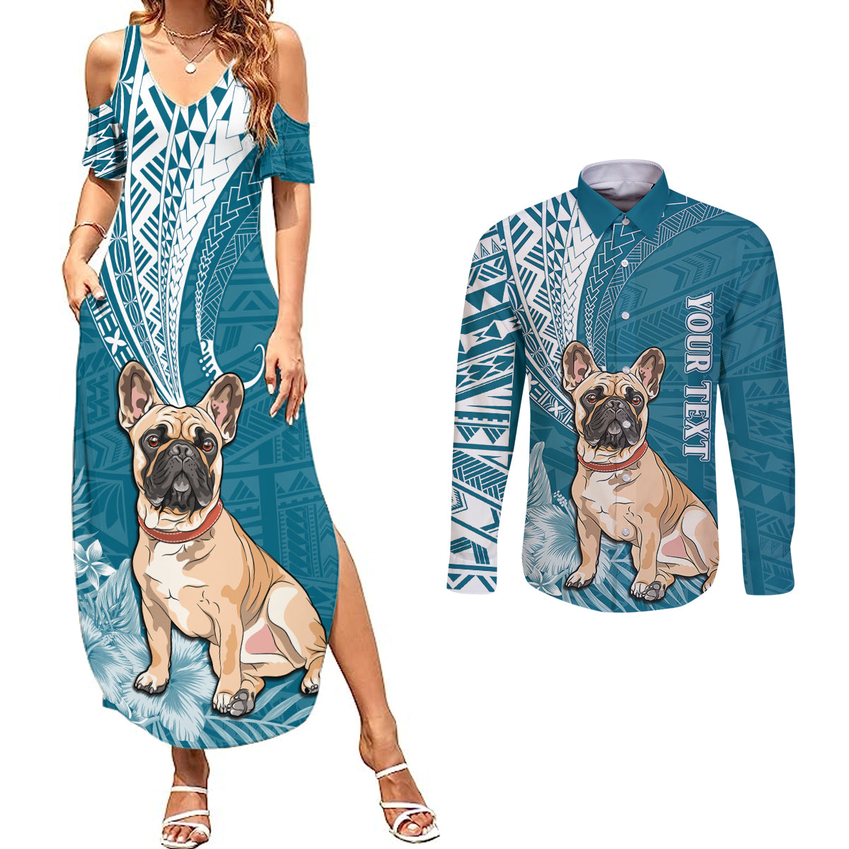 Personalised Polynesian Pacific Bulldog Couples Matching Summer Maxi Dress and Long Sleeve Button Shirts With Teal Hawaii Tribal Tattoo Patterns LT7 Teal - Polynesian Pride