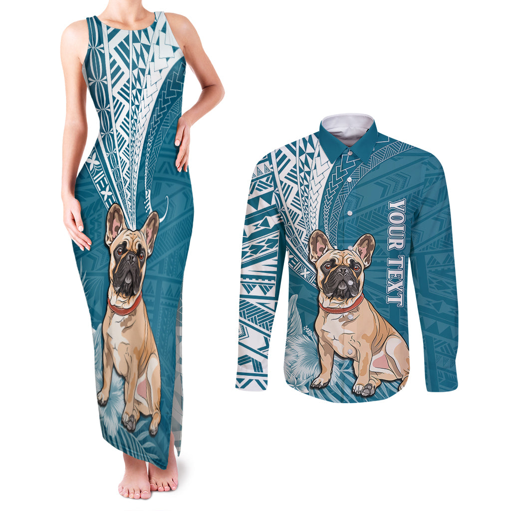 Personalised Polynesian Pacific Bulldog Couples Matching Tank Maxi Dress and Long Sleeve Button Shirts With Teal Hawaii Tribal Tattoo Patterns LT7 Teal - Polynesian Pride