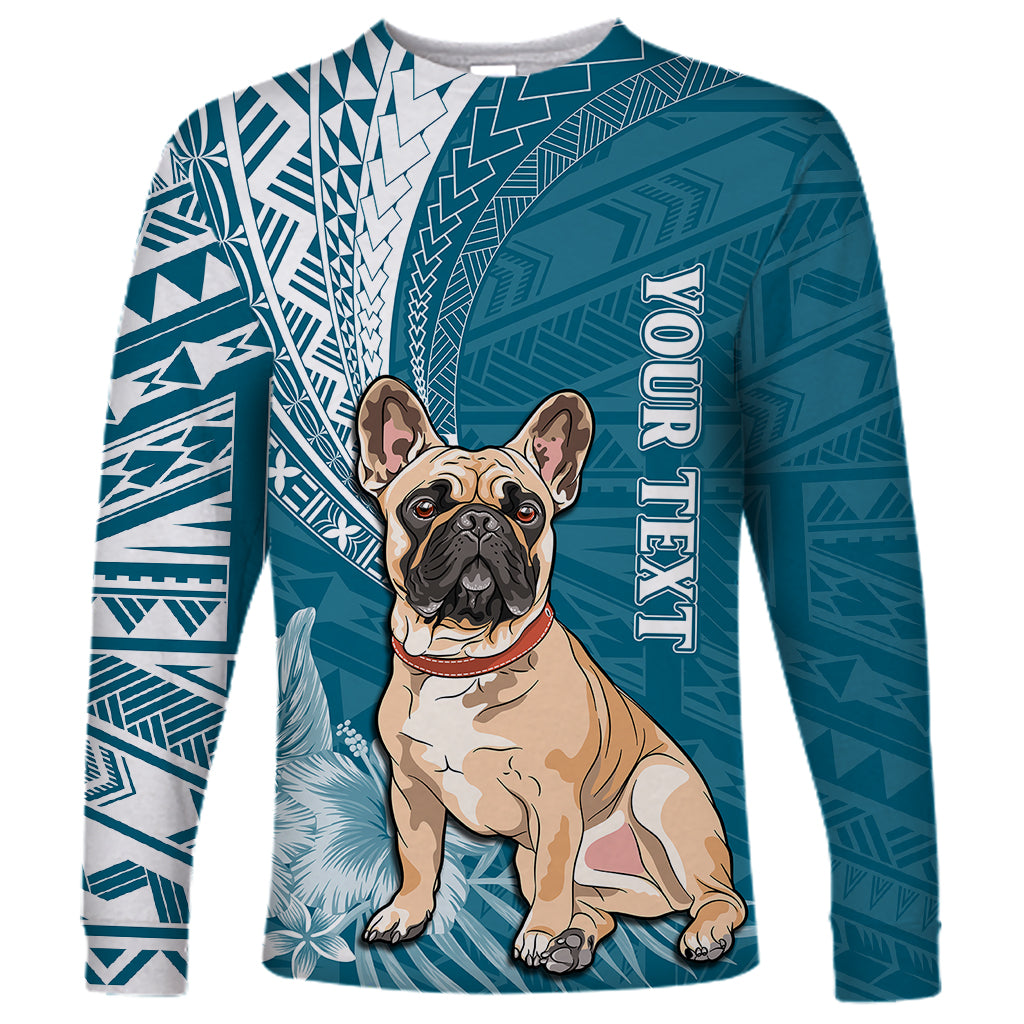 Personalised Polynesian Pacific Bulldog Long Sleeve Shirt With Teal Hawaii Tribal Tattoo Patterns LT7 Unisex Teal - Polynesian Pride