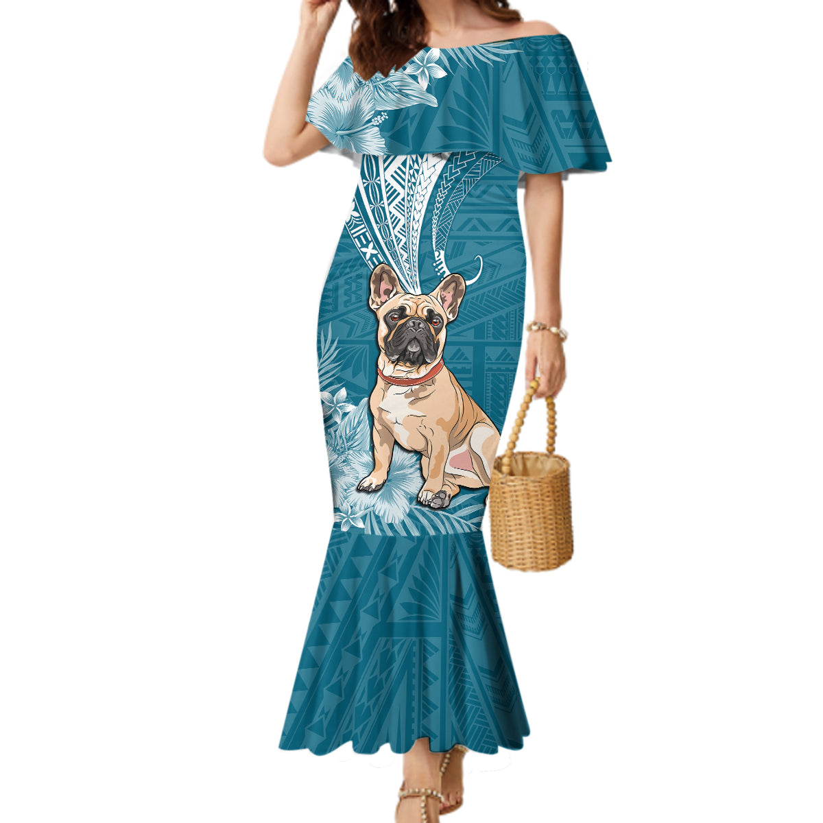 Personalised Polynesian Pacific Bulldog Mermaid Dress With Teal Hawaii Tribal Tattoo Patterns LT7 Women Teal - Polynesian Pride