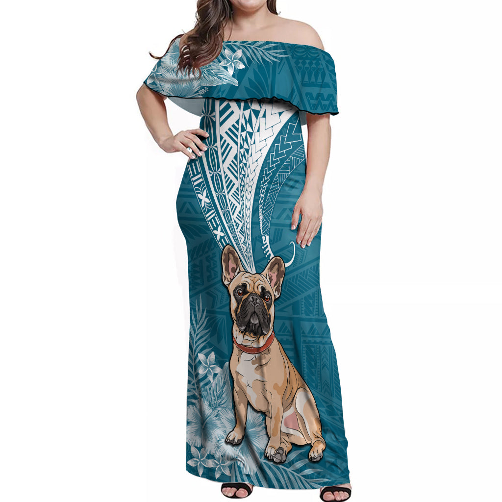 Personalised Polynesian Pacific Bulldog Off Shoulder Maxi Dress With Teal Hawaii Tribal Tattoo Patterns LT7 Women Teal - Polynesian Pride