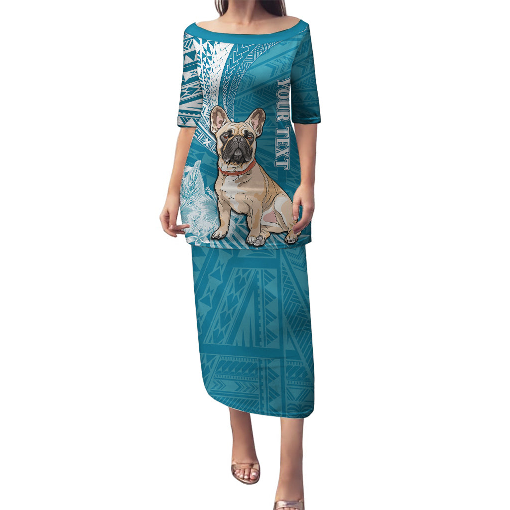 Personalised Polynesian Pacific Bulldog Puletasi With Teal Hawaii Tribal Tattoo Patterns LT7 Long Dress Teal - Polynesian Pride