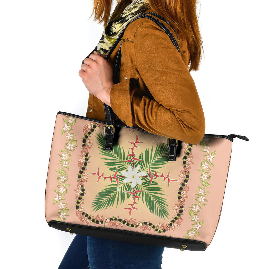 Hawaii Quilt Inspired Collection Aloha Flowers Leather Tote Bag Maile - Kukui Nut Lei
