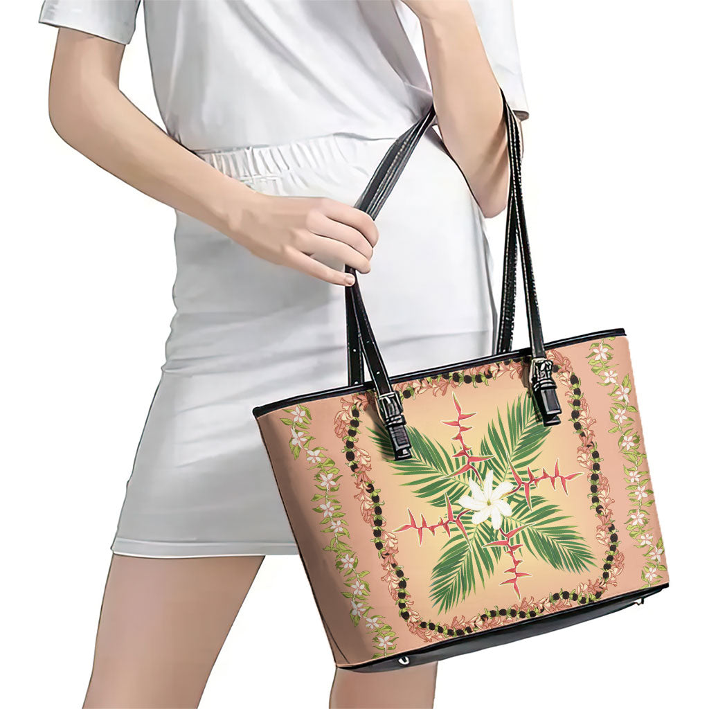 Hawaii Quilt Inspired Collection Aloha Flowers Leather Tote Bag Maile - Kukui Nut Lei