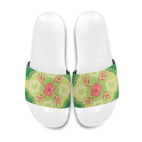 Hawaii Quilt Inspired Collection Aloha Flowers Slide Sandals Plumeria - Ti Leaf Lei