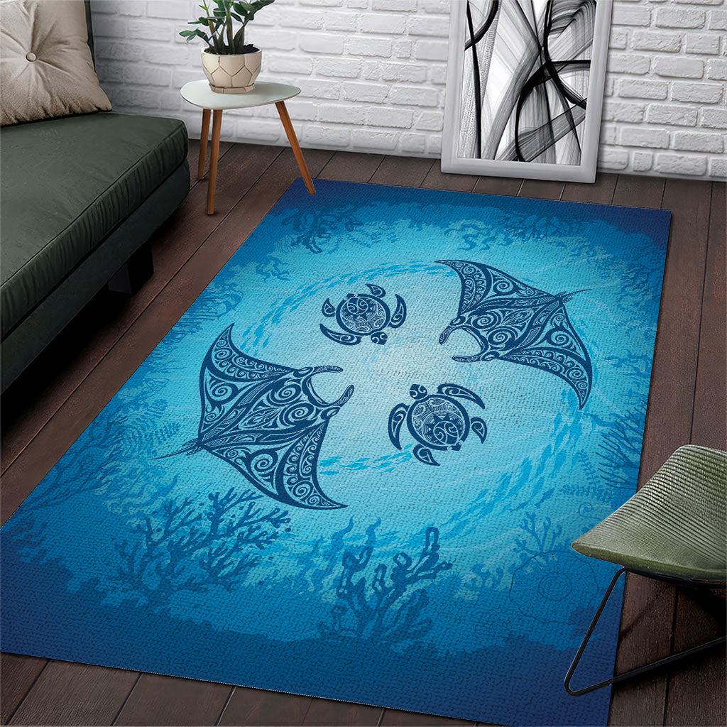 Hawaii Quilt Inspired Collection Aloha Sea Area Rug Manta Ray and Turtles