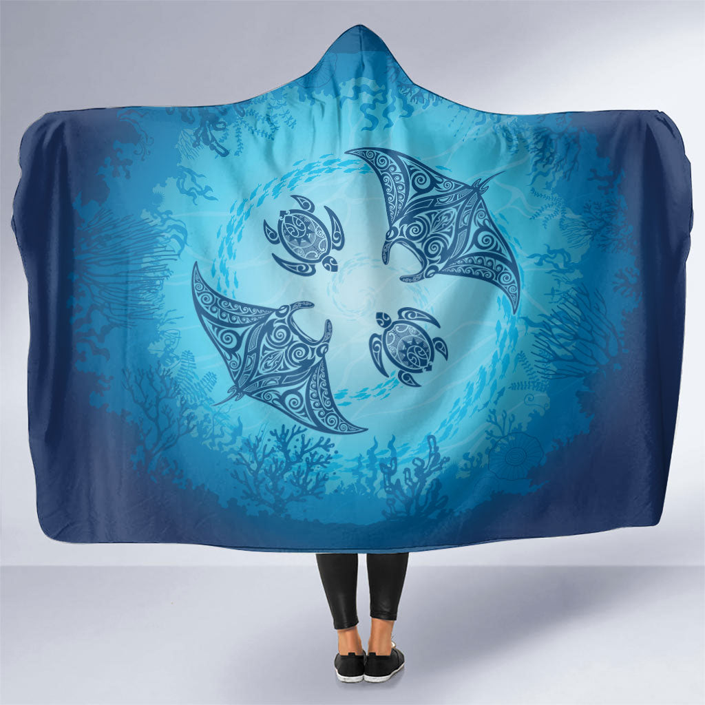 Hawaii Quilt Inspired Collection Aloha Sea Hooded Blanket Manta Ray and Turtles LT7 One Size Cerulean - Polynesian Pride