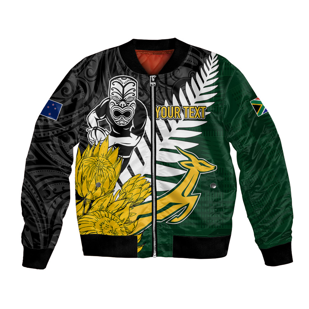 Personalised New Zealand Vs South Africa Rugby Bomber Jacket Rivals - Tribal Style LT7 Unisex Black Green - Polynesian Pride