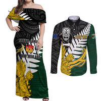 Personalised New Zealand Vs South Africa Rugby Couples Matching Off Shoulder Maxi Dress and Long Sleeve Button Shirts Rivals - Tribal Style LT7 Black Green - Polynesian Pride