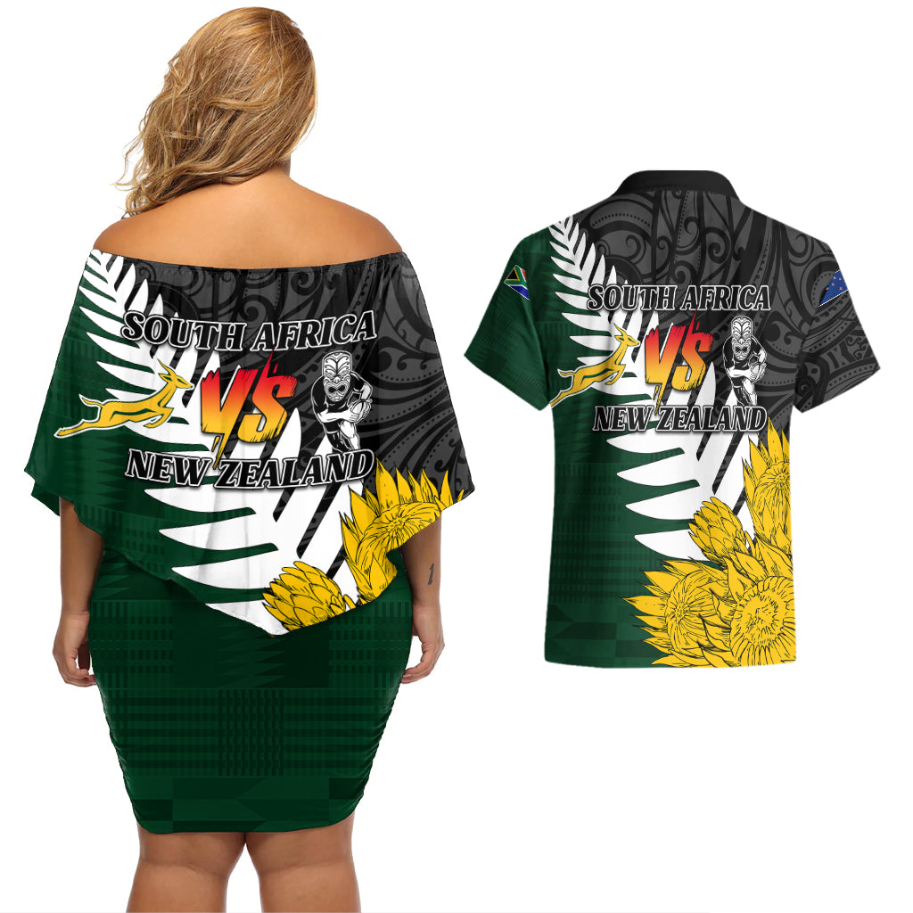 Personalised New Zealand Vs South Africa Rugby Couples Matching Off Shoulder Short Dress and Hawaiian Shirt Rivals - Tribal Style LT7 - Polynesian Pride