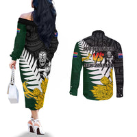 Personalised New Zealand Vs South Africa Rugby Couples Matching Off The Shoulder Long Sleeve Dress and Long Sleeve Button Shirts Rivals - Tribal Style LT7 - Polynesian Pride