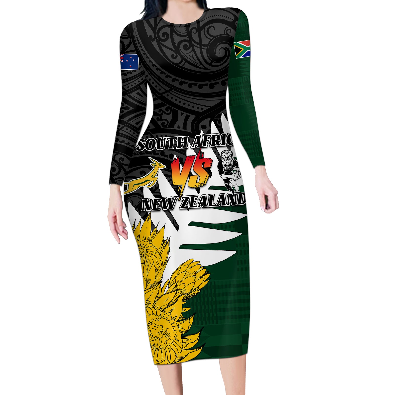 Personalised New Zealand Vs South Africa Rugby Long Sleeve Bodycon Dress Rivals - Tribal Style LT7 Long Dress Black Green - Polynesian Pride