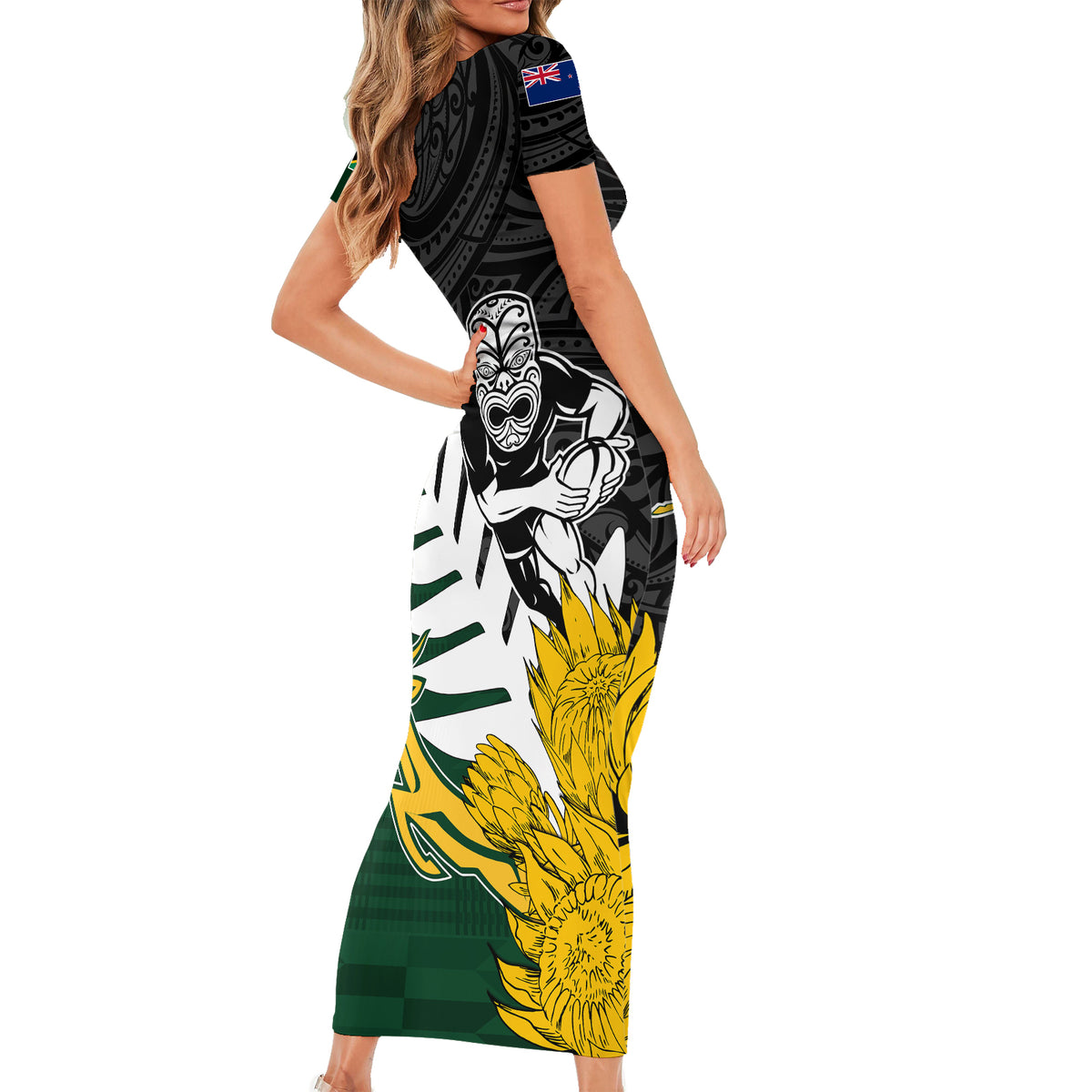 Personalised New Zealand Vs South Africa Rugby Short Sleeve Bodycon Dress Rivals - Tribal Style LT7 - Polynesian Pride