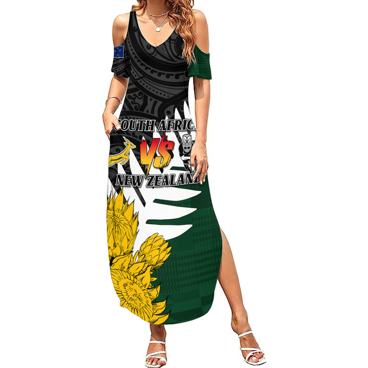 Personalised New Zealand Vs South Africa Rugby Summer Maxi Dress Rivals - Tribal Style LT7 Women Black Green - Polynesian Pride