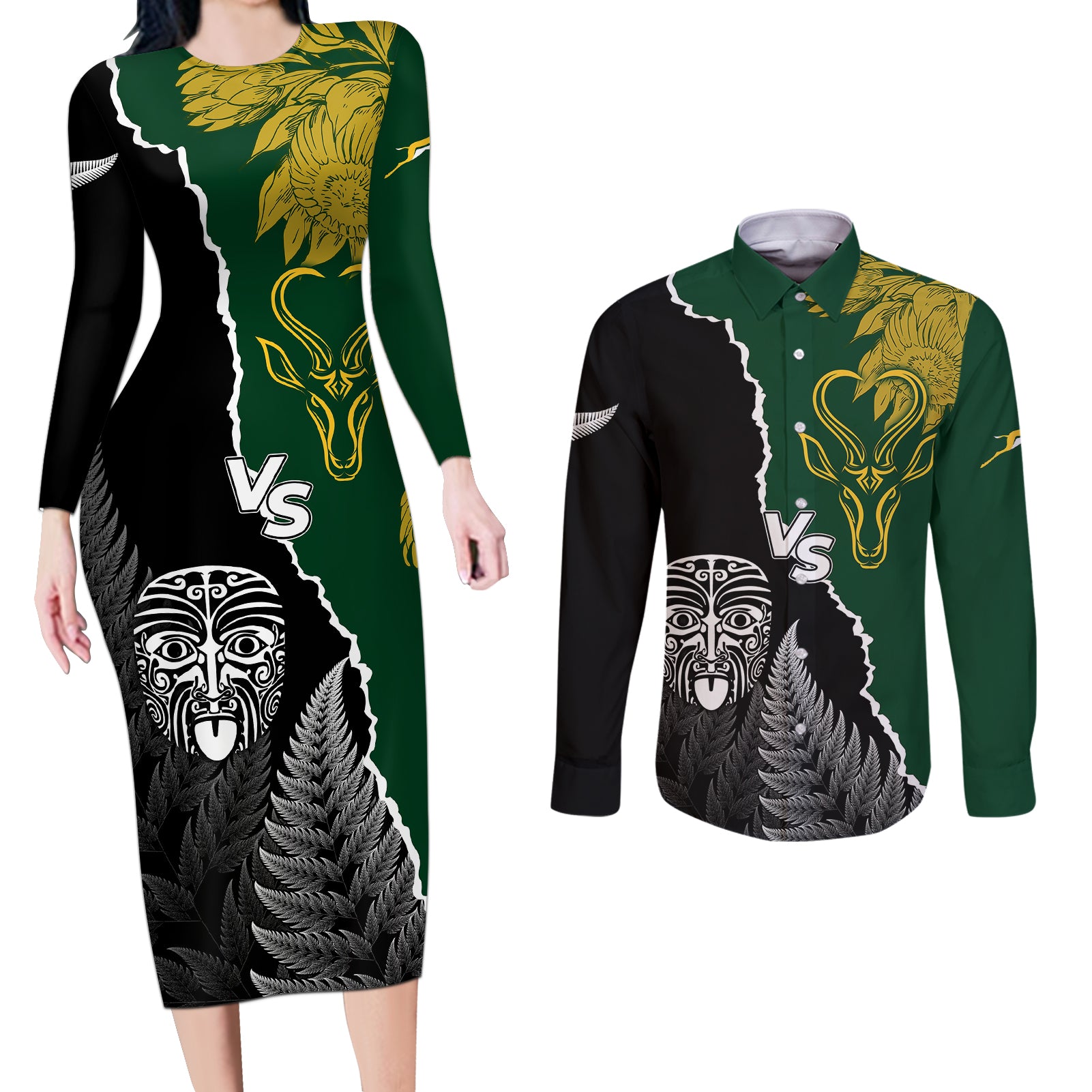 Personalised New Zealand Vs South Africa Rugby Couples Matching Long Sleeve Bodycon Dress and Long Sleeve Button Shirts Rivals Dynamics LT7 Black Green - Polynesian Pride