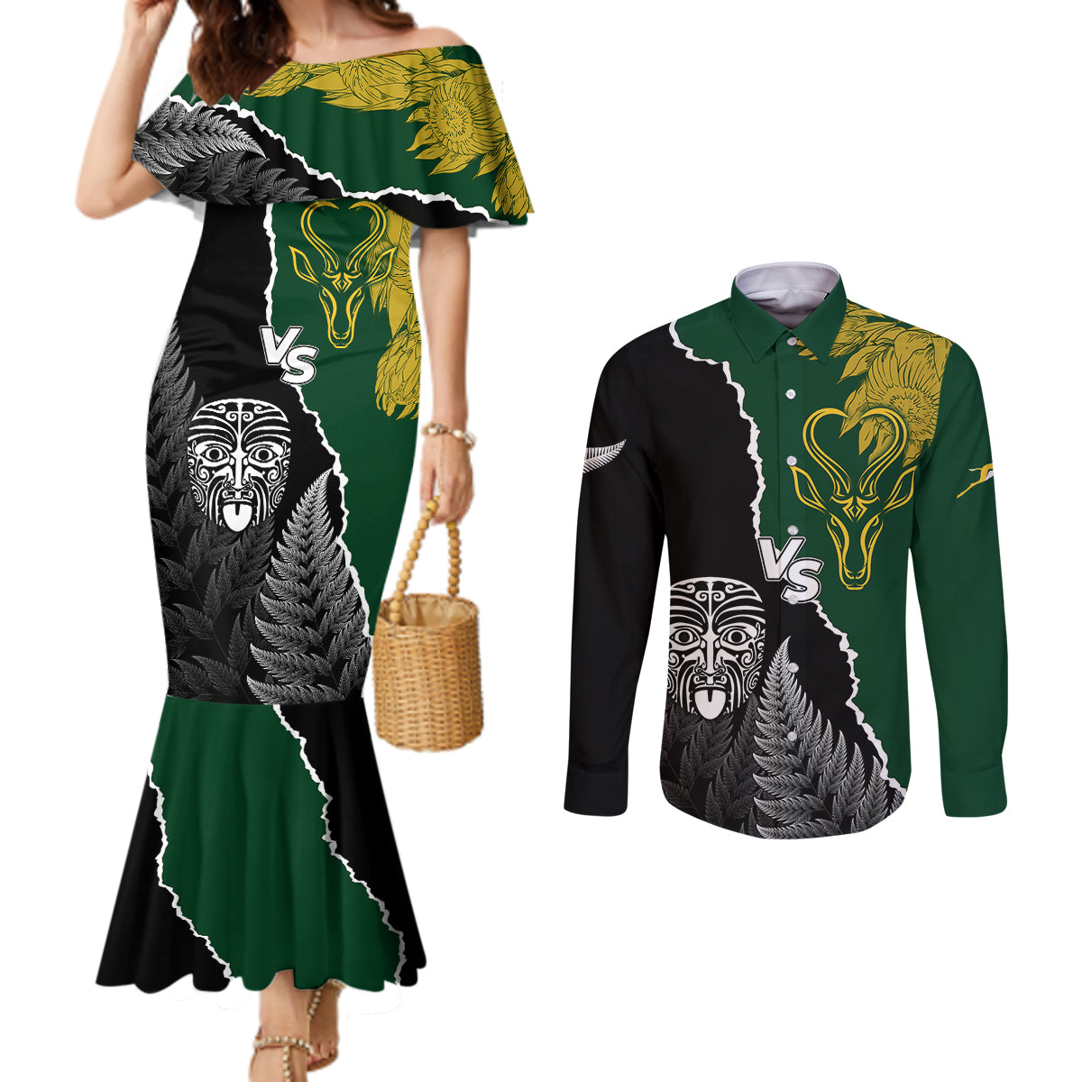 Personalised New Zealand Vs South Africa Rugby Couples Matching Mermaid Dress and Long Sleeve Button Shirts Rivals Dynamics LT7 Black Green - Polynesian Pride