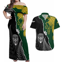 Personalised New Zealand Vs South Africa Rugby Couples Matching Off Shoulder Maxi Dress and Hawaiian Shirt Rivals Dynamics LT7 Black Green - Polynesian Pride