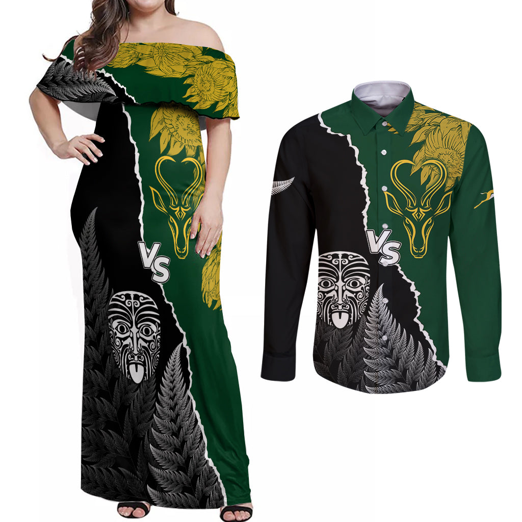 Personalised New Zealand Vs South Africa Rugby Couples Matching Off Shoulder Maxi Dress and Long Sleeve Button Shirts Rivals Dynamics LT7 Black Green - Polynesian Pride