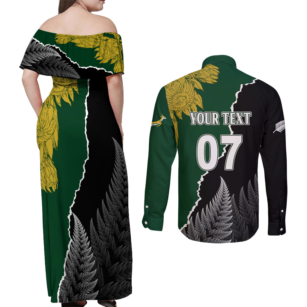 Personalised New Zealand Vs South Africa Rugby Couples Matching Off Shoulder Maxi Dress and Long Sleeve Button Shirts Rivals Dynamics LT7 - Polynesian Pride