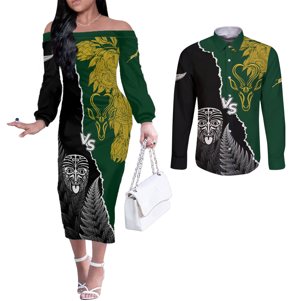 Personalised New Zealand Vs South Africa Rugby Couples Matching Off The Shoulder Long Sleeve Dress and Long Sleeve Button Shirts Rivals Dynamics LT7 Black Green - Polynesian Pride