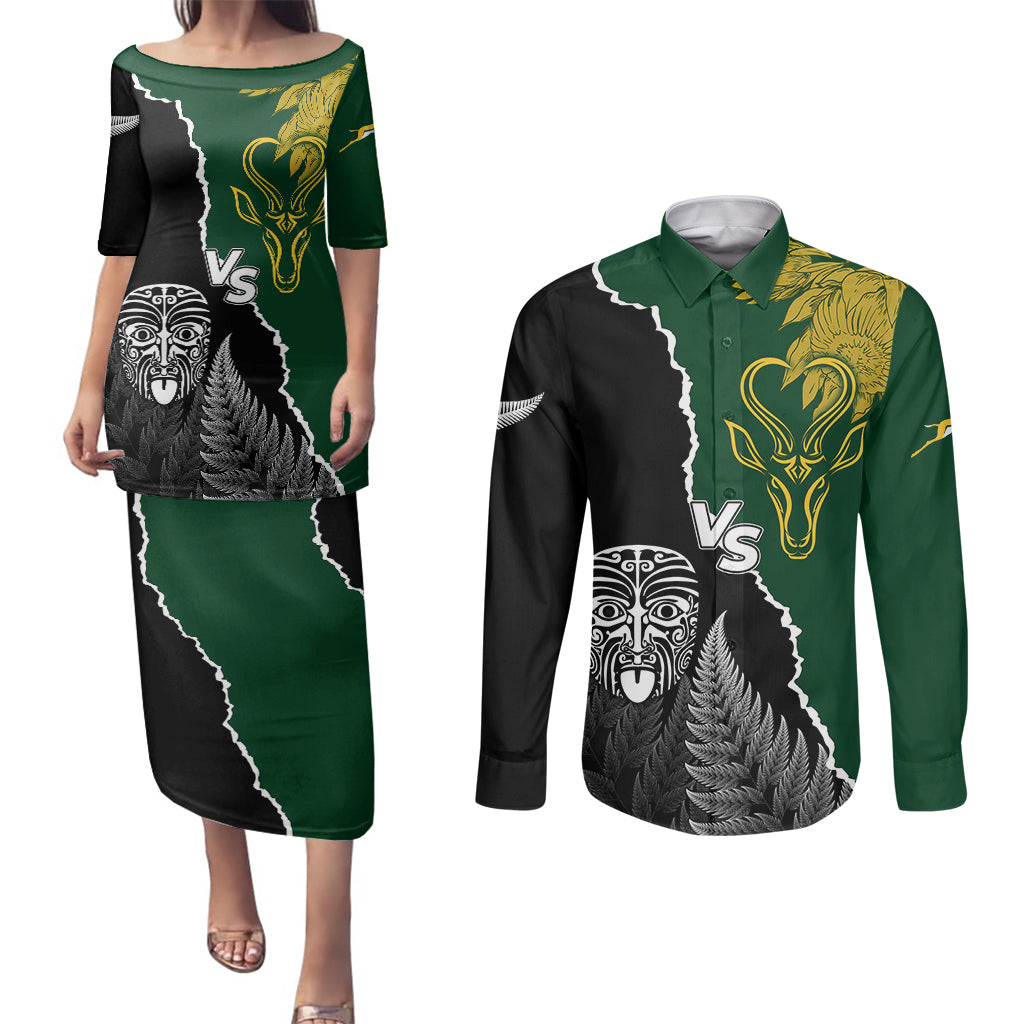 Personalised New Zealand Vs South Africa Rugby Couples Matching Puletasi Dress and Long Sleeve Button Shirts Rivals Dynamics LT7 Black Green - Polynesian Pride