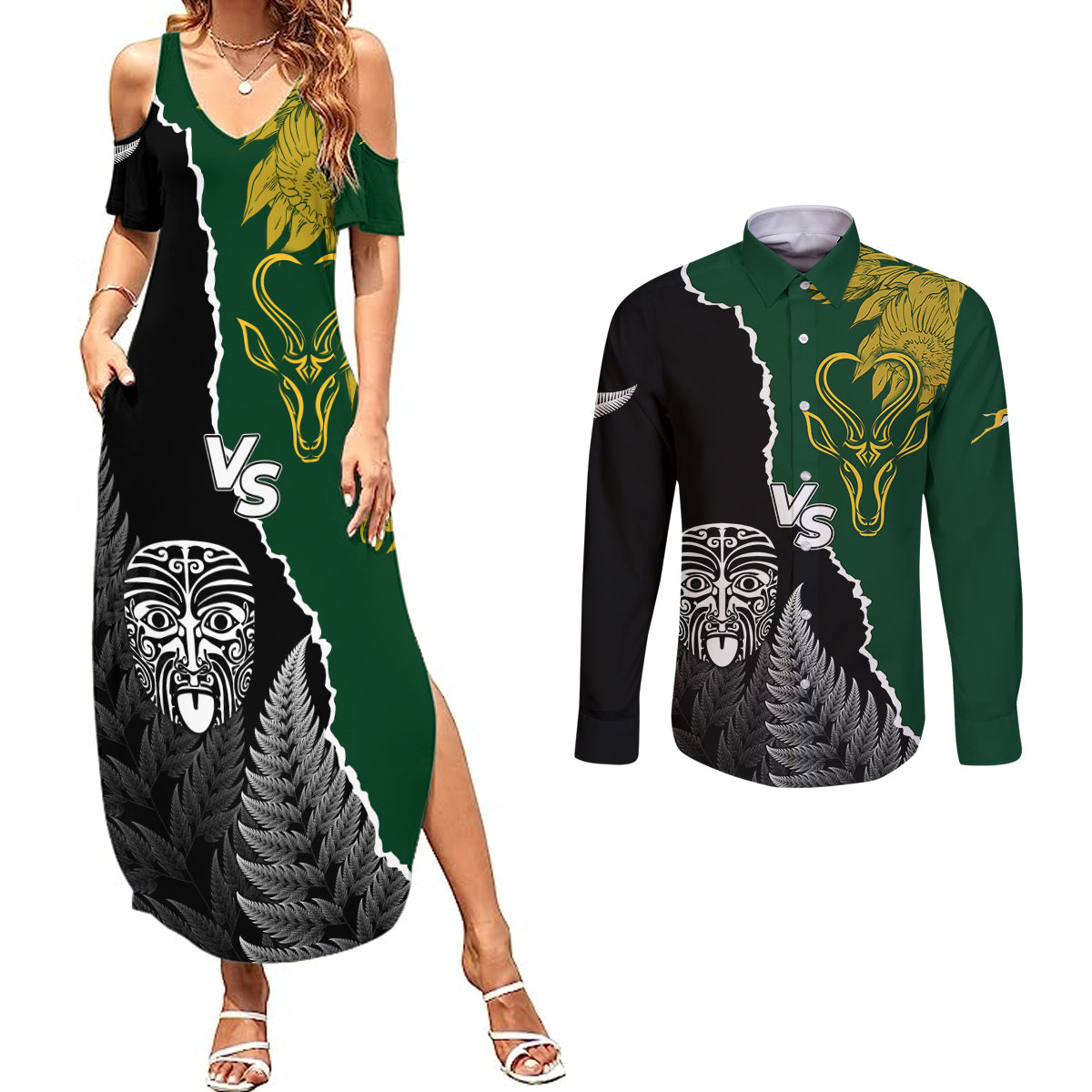 Personalised New Zealand Vs South Africa Rugby Couples Matching Summer Maxi Dress and Long Sleeve Button Shirts Rivals Dynamics LT7 Black Green - Polynesian Pride