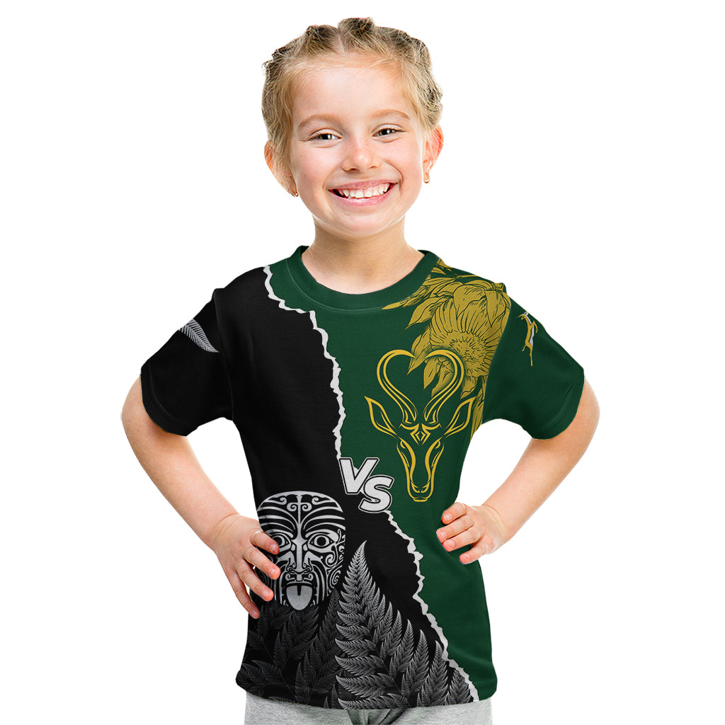 Personalised New Zealand Vs South Africa Rugby Kid T Shirt Rivals Dynamics LT7 Black Green - Polynesian Pride