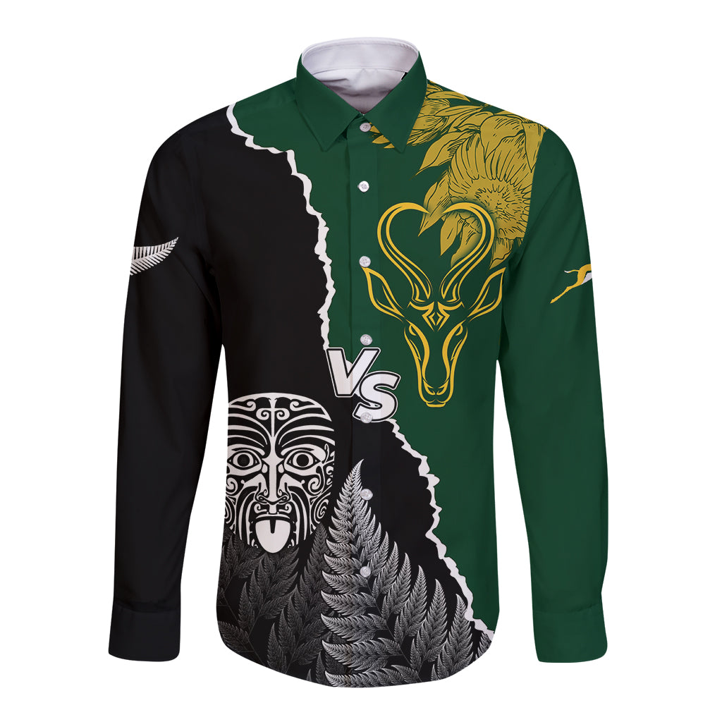 Personalised New Zealand Vs South Africa Rugby Long Sleeve Button Shirt Rivals Dynamics LT7 Unisex Black Green - Polynesian Pride