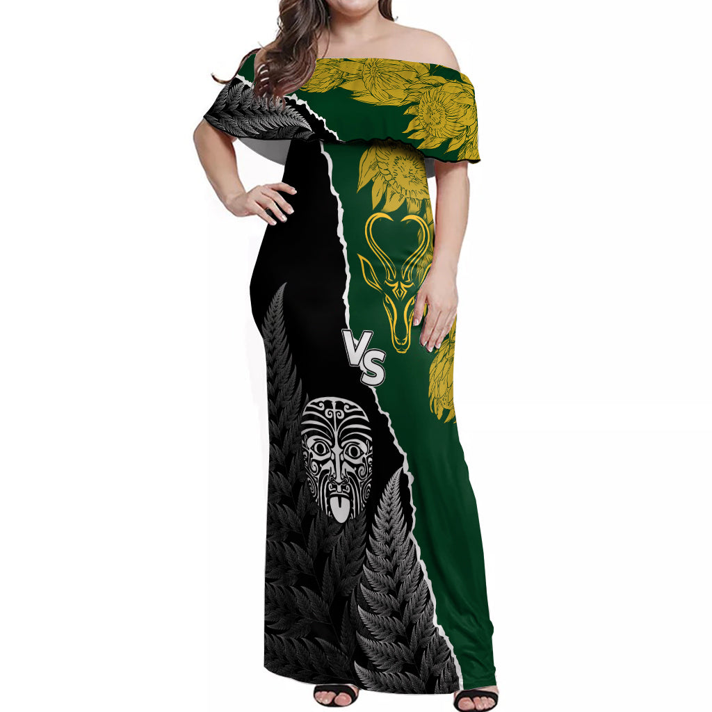 Personalised New Zealand Vs South Africa Rugby Off Shoulder Maxi Dress Rivals Dynamics LT7 Women Black Green - Polynesian Pride