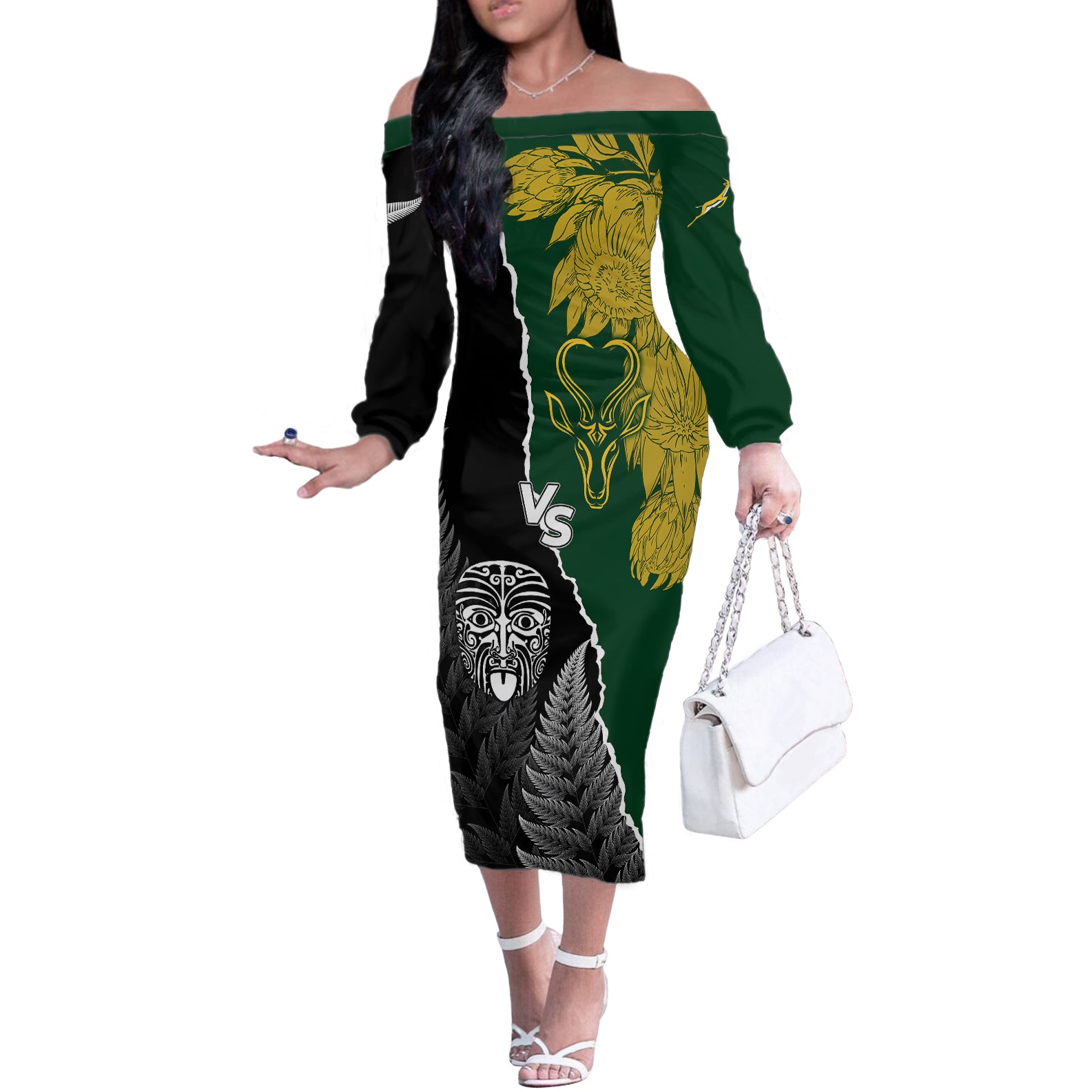 Personalised New Zealand Vs South Africa Rugby Off The Shoulder Long Sleeve Dress Rivals Dynamics LT7 Women Black Green - Polynesian Pride