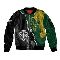 Personalised New Zealand Vs South Africa Rugby Sleeve Zip Bomber Jacket Rivals Dynamics LT7 Unisex Black Green - Polynesian Pride